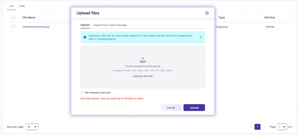 Figure 37: Upload Files – Limit Warning Message