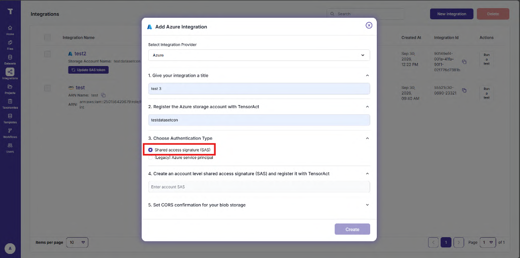 Figure 61: Add Azure Integration – SAS Authentication