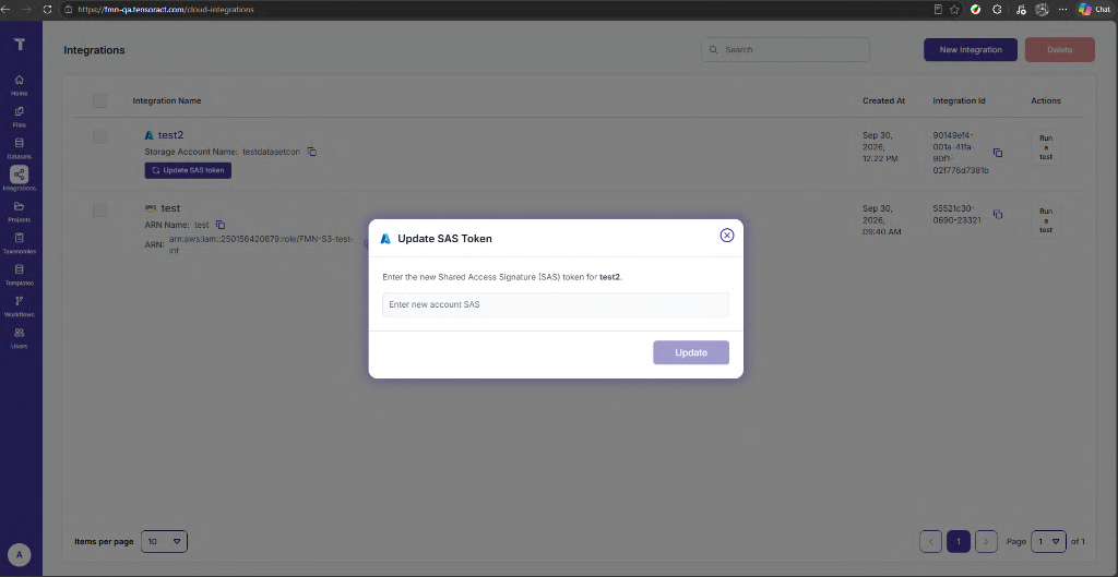Figure 64: Azure Integration – Update SAS Token