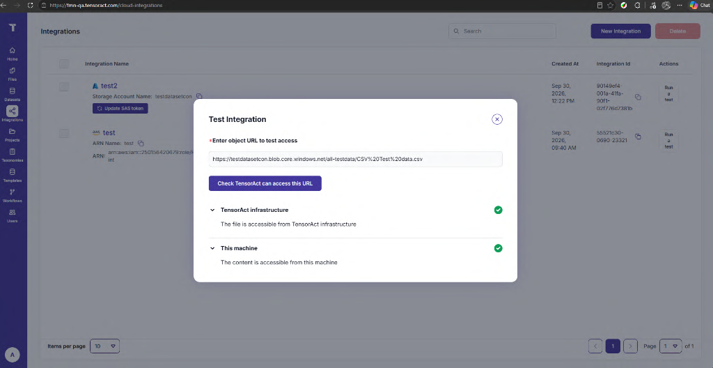 Figure 65: Test Azure Integration – Enter Object URL and Validation Results