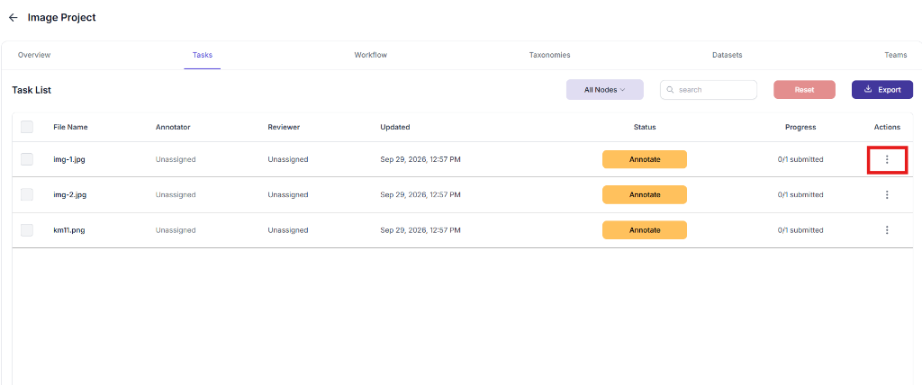 Figure 80: Project Tasks List – Actions Menu