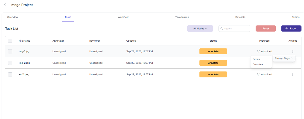 Figure 81: Project Tasks List – Change Stage Option