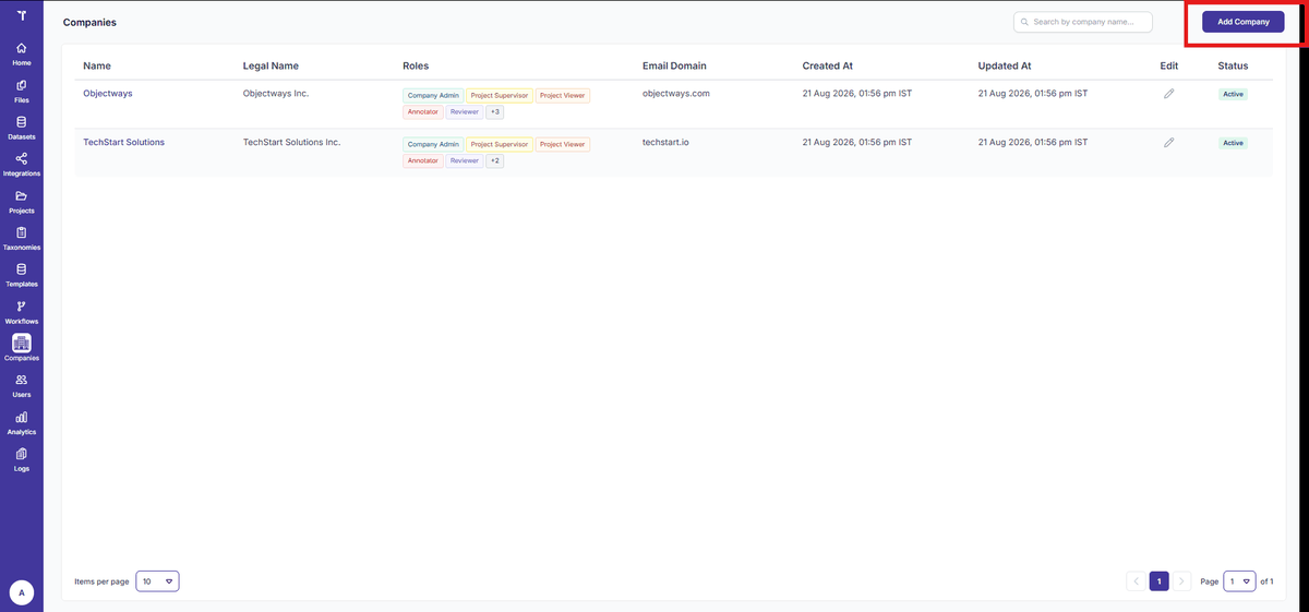 Figure 14: Companies List Page