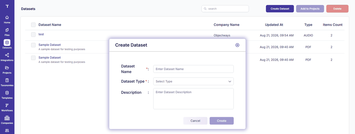 Figure 20: Create Dataset Form