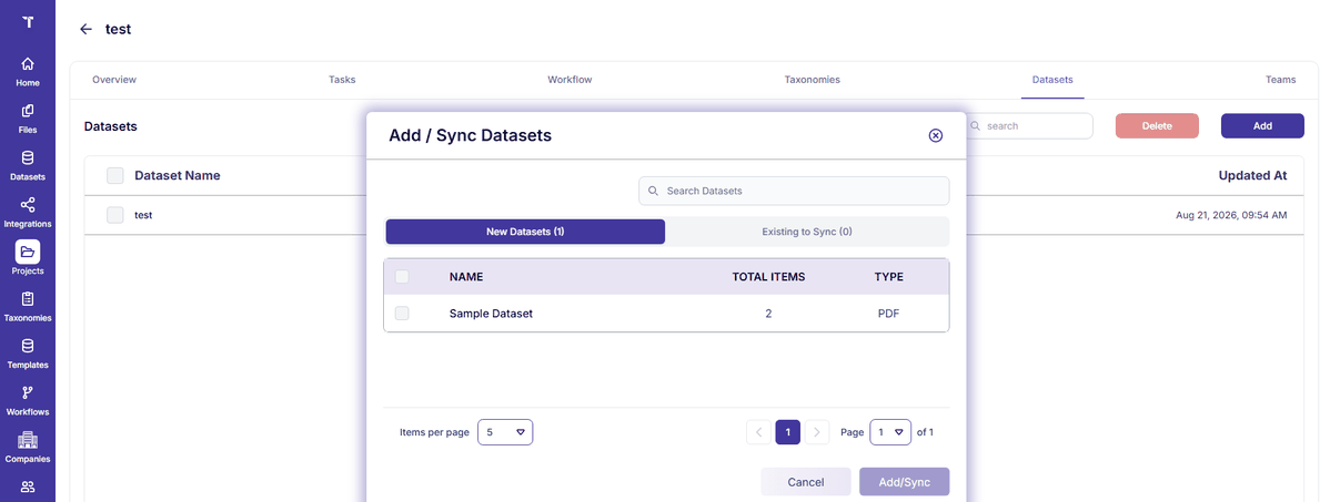 Figure 25: Dataset - Add Files and Sync