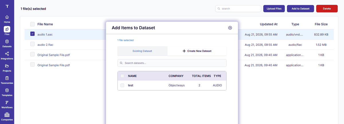 Figure 27: Files - Add to Dataset