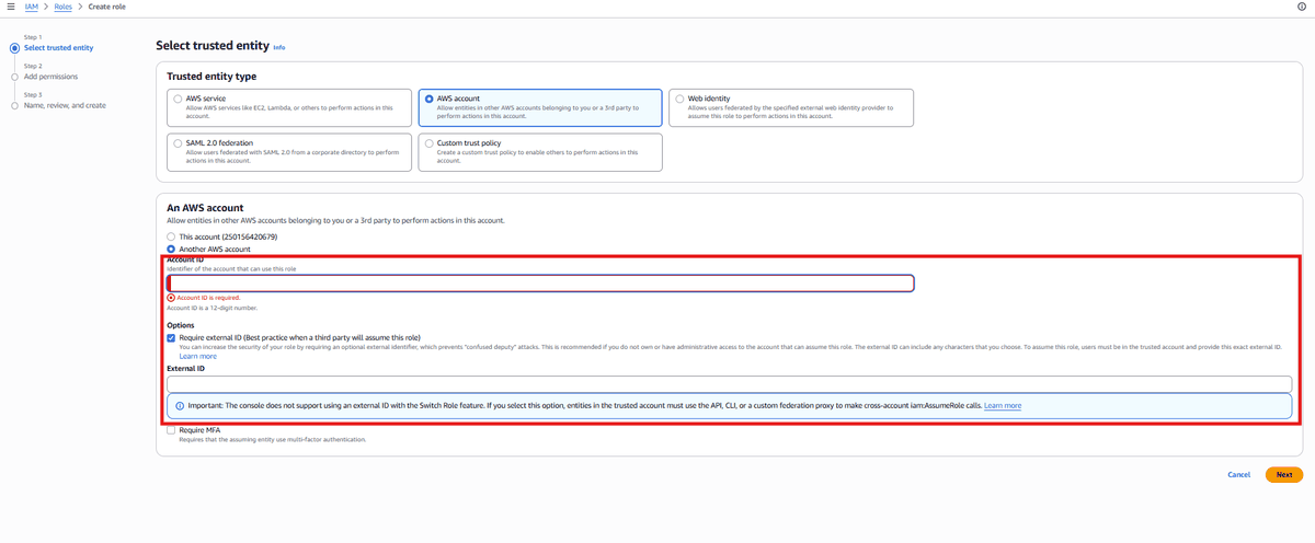 Figure 34: AWS IAM - Trusted Entity Setup (Account ID and External ID)