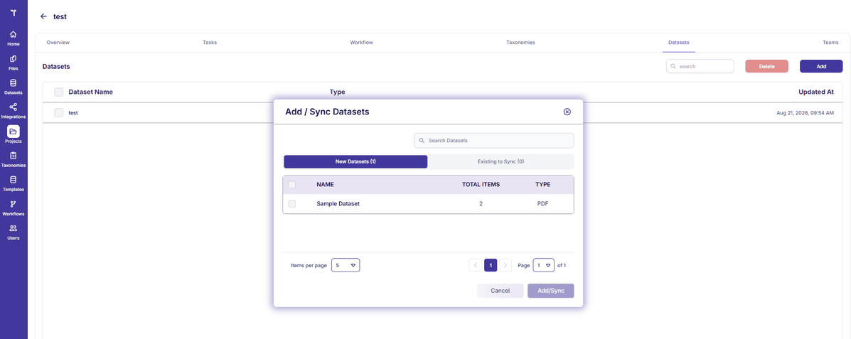 Figure 42: Project - Datasets Tab (Sync)