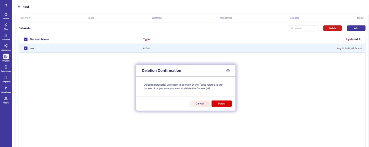 Figure 43: Project - Datasets Tab (Remove)