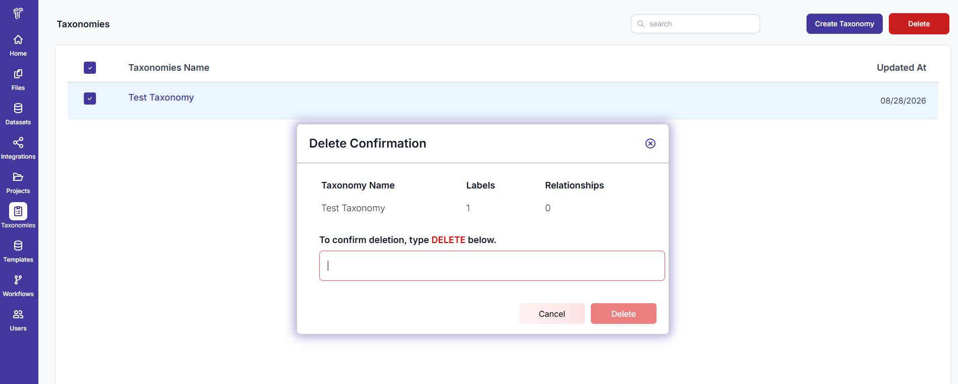 Figure 49: Taxonomy - Delete Confirmation