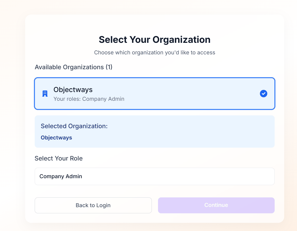Figure 5: Organization and Role Selection Screen