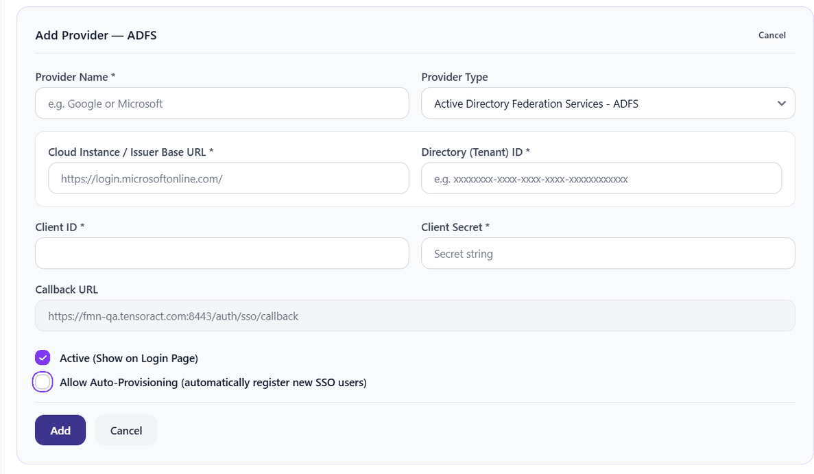 Figure 56: SSO - Add Provider Form