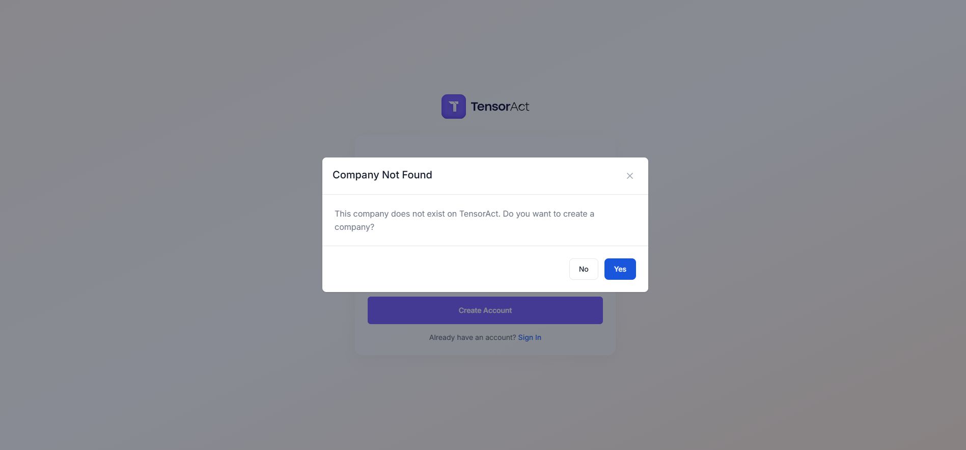 Figure 4: Unregistered Company Popup